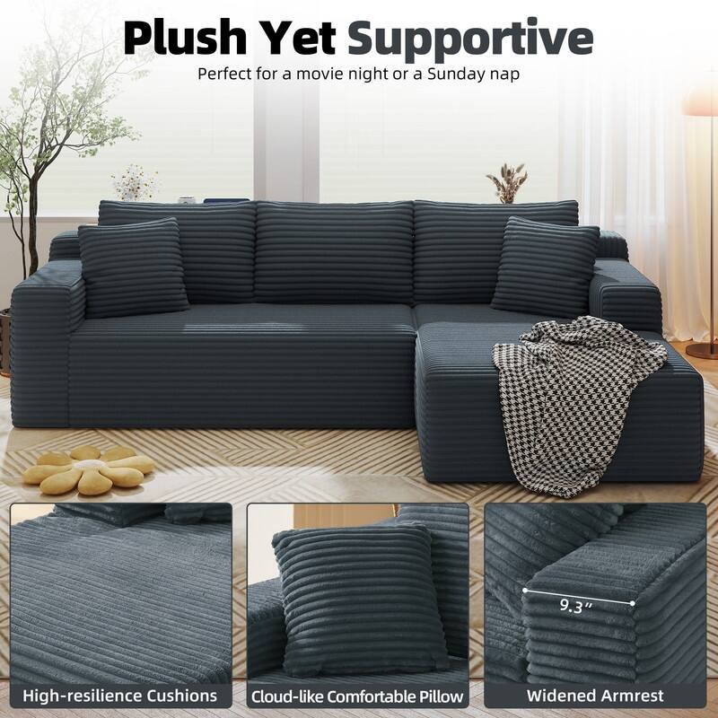 Rossetta L-Shaped Modular Cloud Corduroy Sectional Sofa with Deep Seat, Right Facing