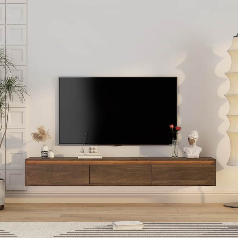 Floating TV Stand, Wall Mounted TV Shelf with Led Lights & Power Outlet,High Gloss TV Cabinet for Wood tv Stands for Living Room - Wood
