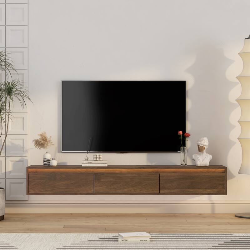 Floating TV Stand, Wall Mounted TV Shelf with Led Lights & Power Outlet,High Gloss TV Cabinet for Wood tv Stands - Wood