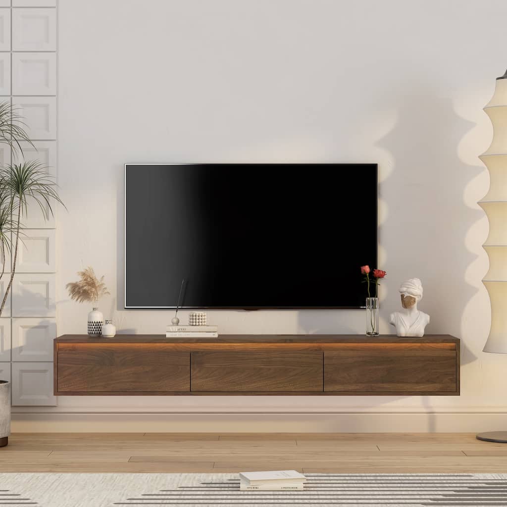 Modern Floating Wall-Mounted TV Stand High-Gloss TV Stand with LED Lights and Power Outlet, for Living Rooms
