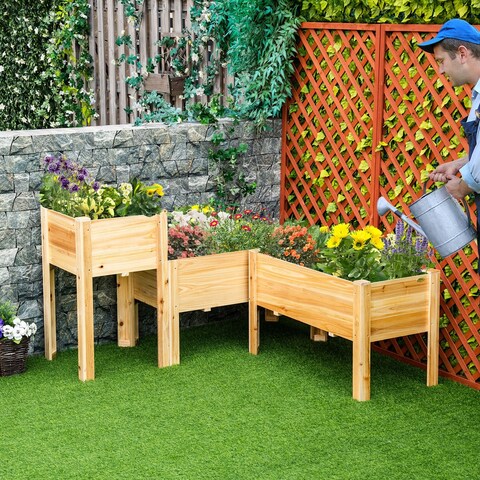 Outsunny Raised Garden Bed Set of 3, Elevated Wood Planter Box with Legs and Bed Liner for Backyard and Patio to Grow Vegetables