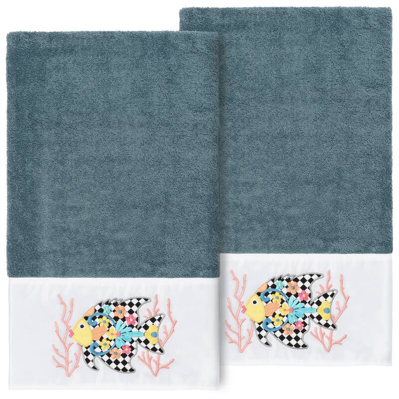 Authentic Hotel and Spa 100% Turkish Cotton Feliz 2PC Embellished Bath Towel Set - Teal
