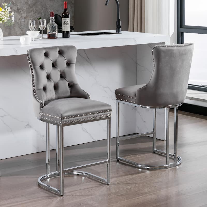 Counter Height Bar Stools Set of 2, Velvet Upholstered Accent Chairs with Button Back, Rivet Trim and Chromed Metal Base Legs