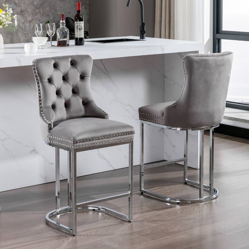 Tufted Upholstered Counter Height Bar Stools with Nailhead Trim, Set of 2 - Gray