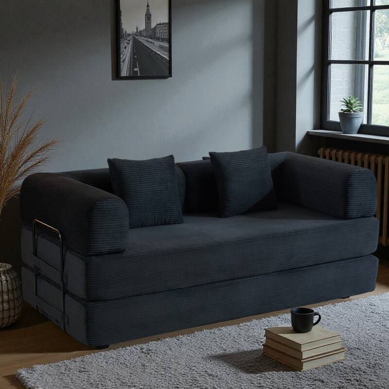 Convertible Corduroy Sleeper Sofa Bed, 4-in-1 Folding Mattress Couch with Cylindrical Pillow & Fixed-Shape Frame, No-Assembly