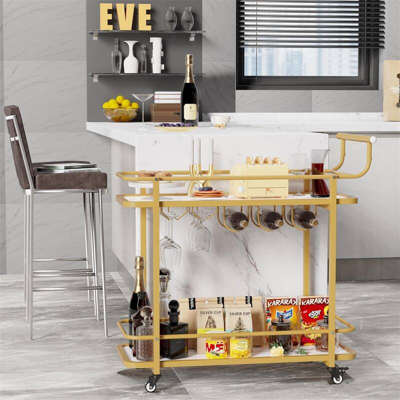 Gold Bar Cart with Wheels for Home 2 Tier Mobile Serving Cart - 16.53"D x 35.4"W x 35.4"H