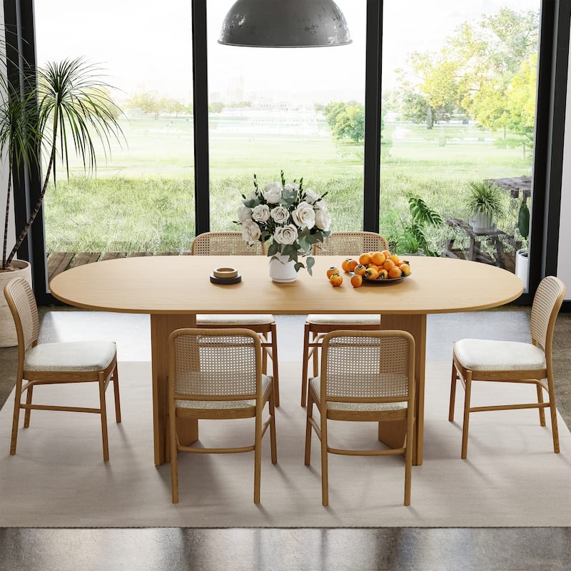 Solid Wood Farmhouse Dining Table with V-Shaped Legs and Oval Wood Top for Modern Dining Rooms & Family Gatherings