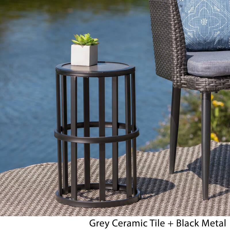 Carlo Outdoor Industrial 11-inch Ceramic Tile Side Table by Christopher Knight Home - grey ceramic tile + black