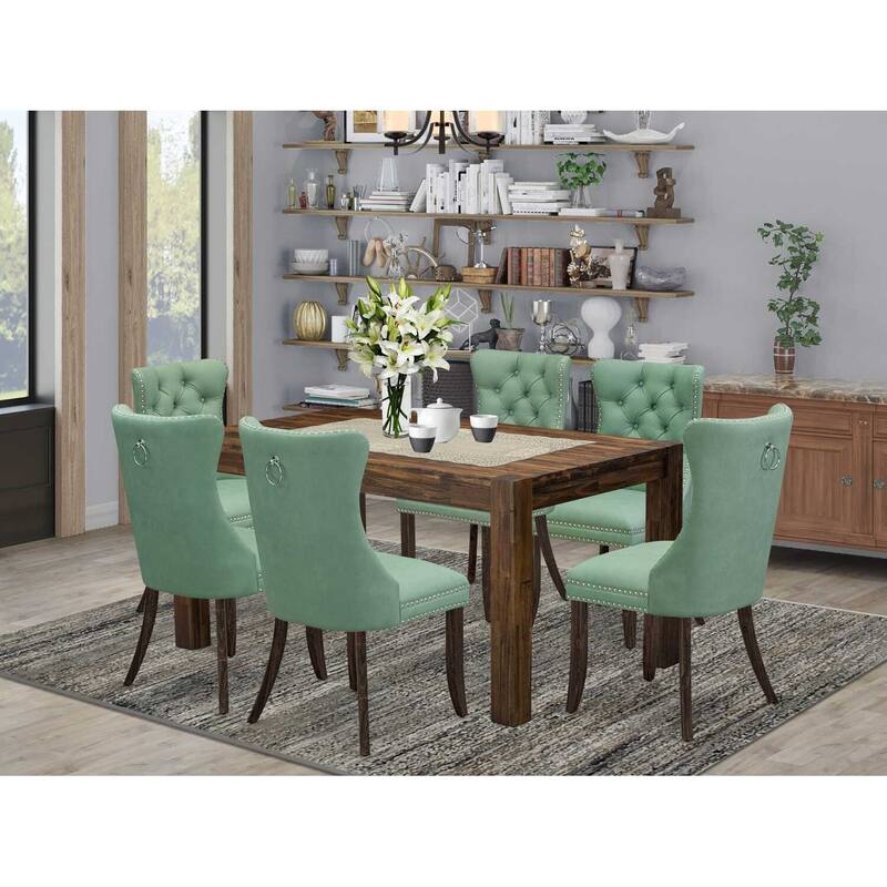HomeStock 7-Piece Rectangle Distressed Jacobean Finish Solid Wood Top Dining Table with 6 Chairs