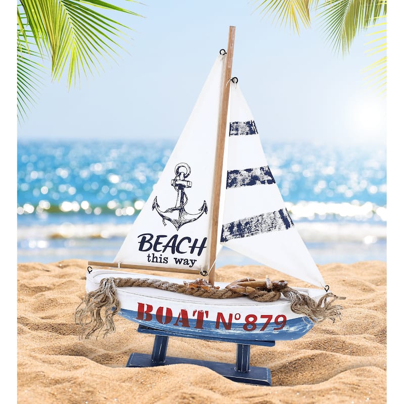 CoTa Global Ocean Blue Sailboat Decor - Large Handmade Wooden Boat - 16″Lx11″Wx3.5″H