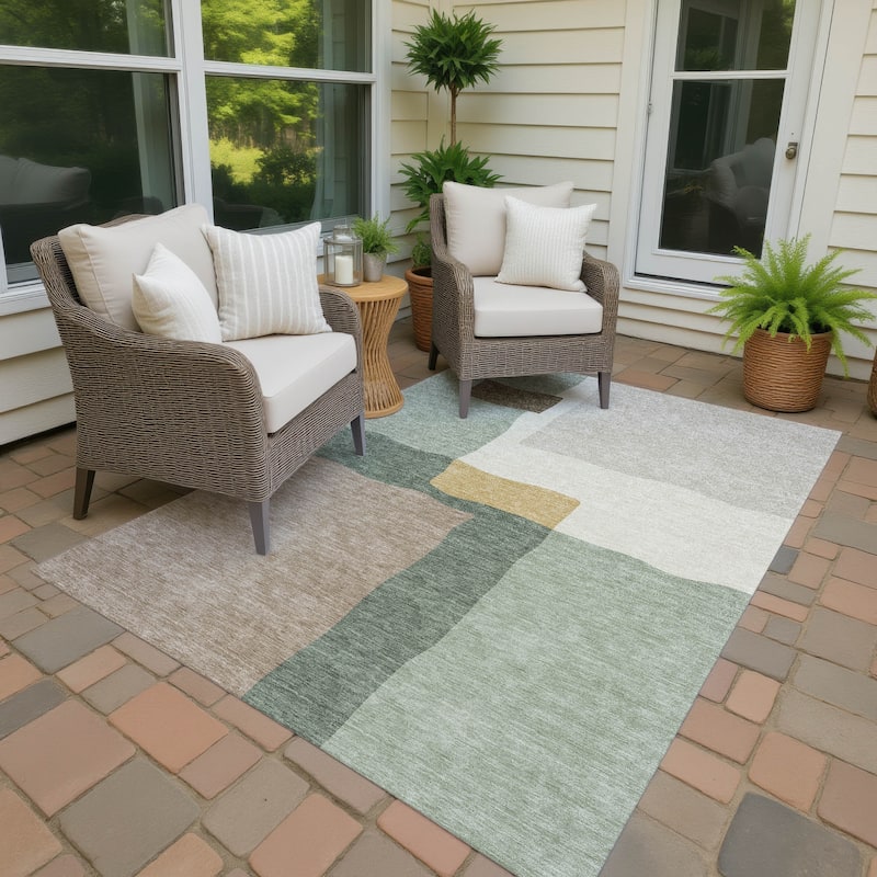Machine Washable Indoor/ Outdoor Contemporary Blox Chantille Rug - Basil - 9' x 12'