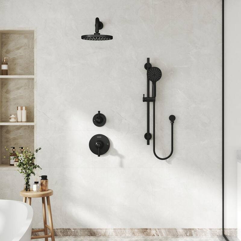 4-Spray Shower System with 8 in. Rainfall Shower Head, 3-Mode Handheld Shower, Pressure Balance Valve, and Adjustable Slide Bar