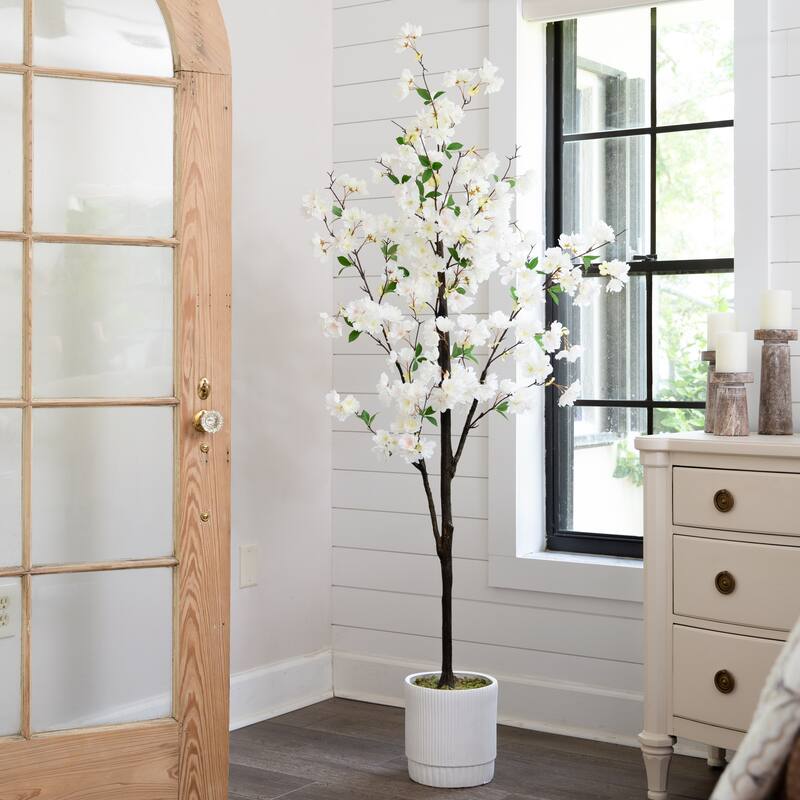 6' Artificial Cherry Blossom Tree with White Decorative Planter
