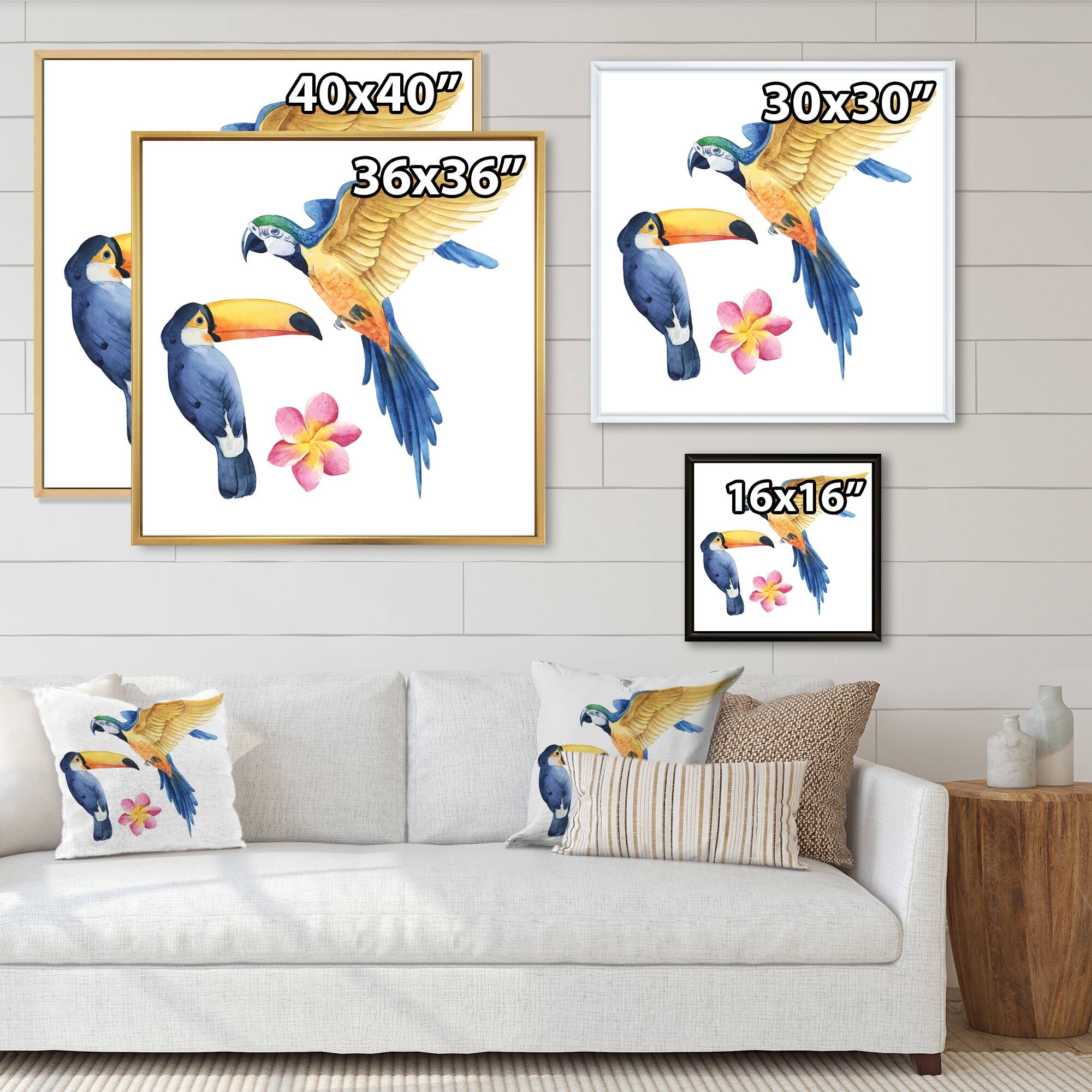 Designart "Two Tropic Birds Parrot And Toucan" Tropical Framed Canvas