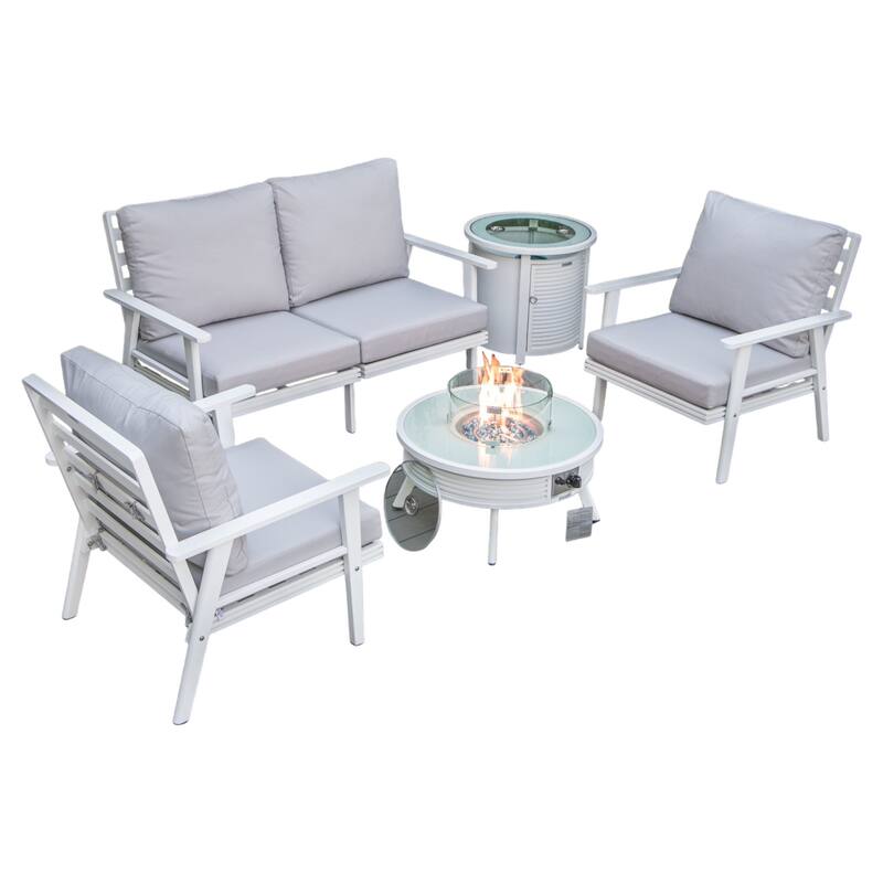Walbrooke Outdoor Patio Furniture Set with Aluminum Frame Polyester Upholstered Seating and 37000 BTU Propane Burner - Light Grey