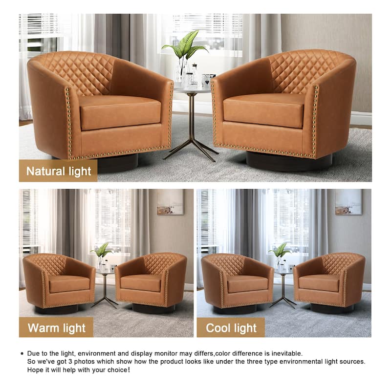 2 Set Tufted PU Vegan Leather Swivel Barrel Chair with Nailheads Trim