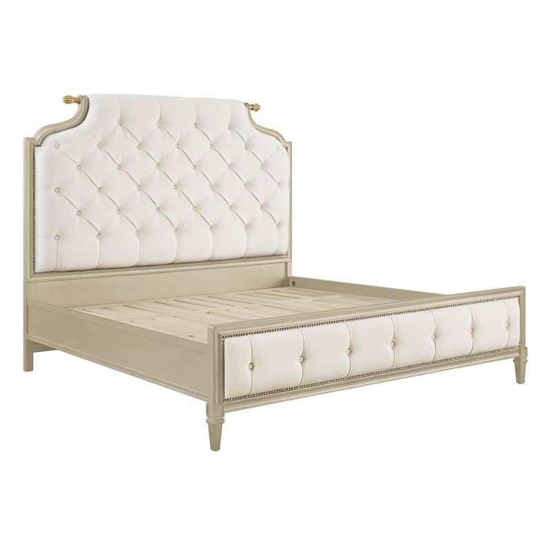 Spruce & Spring Classic American Tufted Upholstered Platform Bed with Birch Wood Frame in Champagne Silver - King