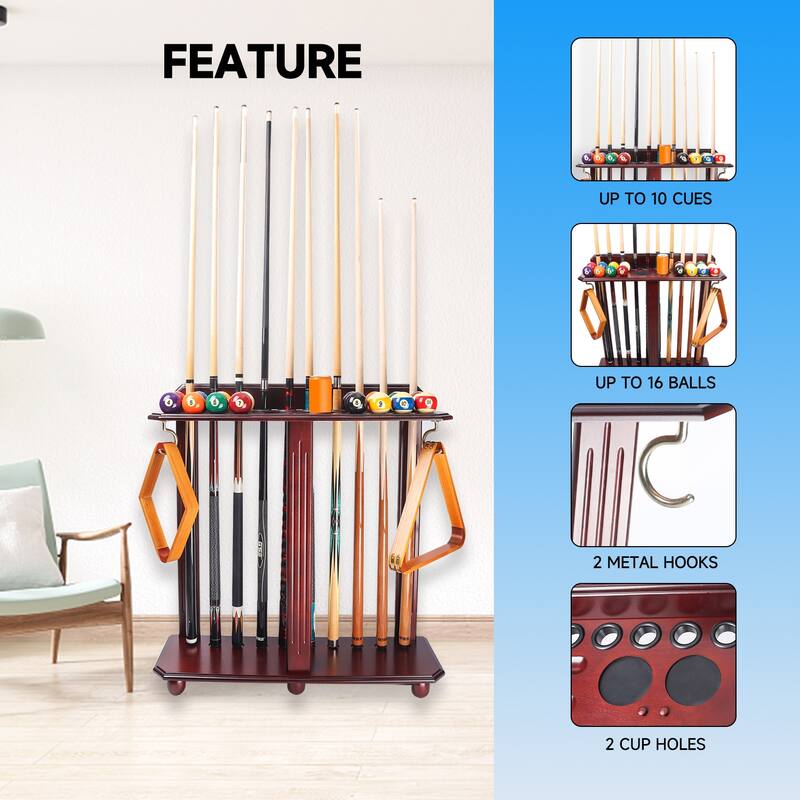 GSE™ 10-Pool Cue Wooden Billiard Pool Cue Rack. Floor Stand Pool Cue Stick Holder