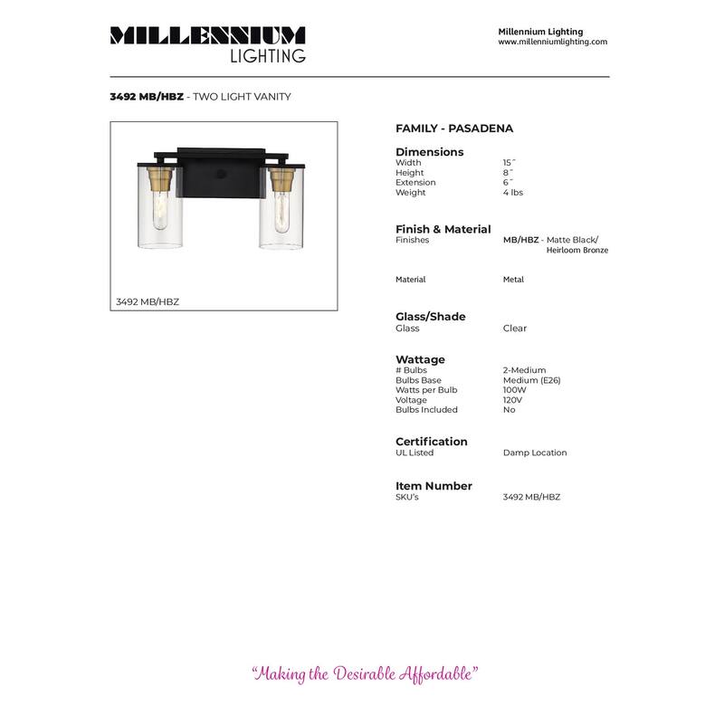 Millennium Lighting Pasadena 2 Light Matte Black/Heirloom Bronze Bathroom Vanity Light