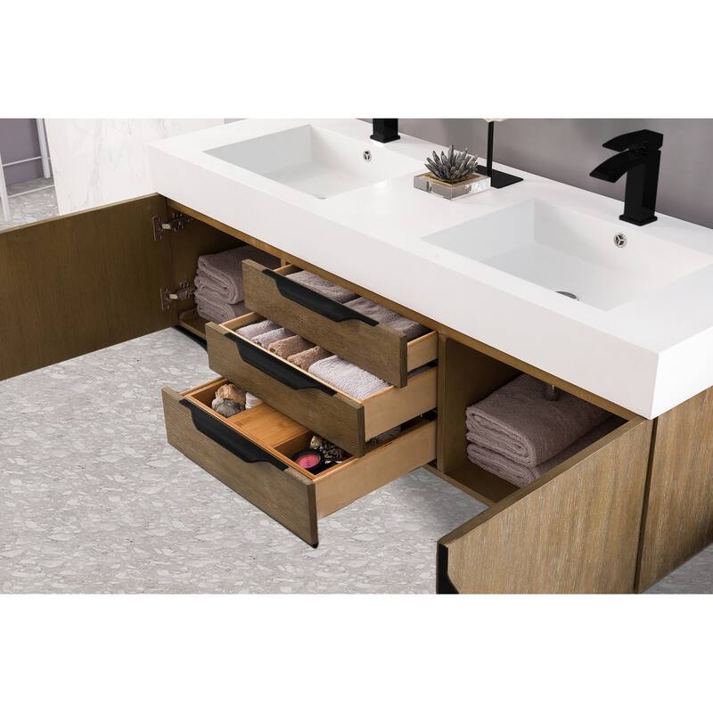 James Martin Vanities Mercer Island 59" Double Vanity, Latte Oak with Matte Black Hardware
