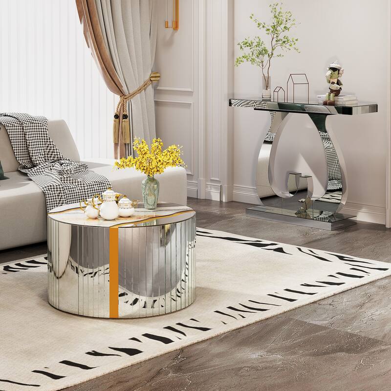 Modern Mirrored 39.37" Console Table, Glass Sofa Table with C-Shaped Base for Stylish Living Room Decor