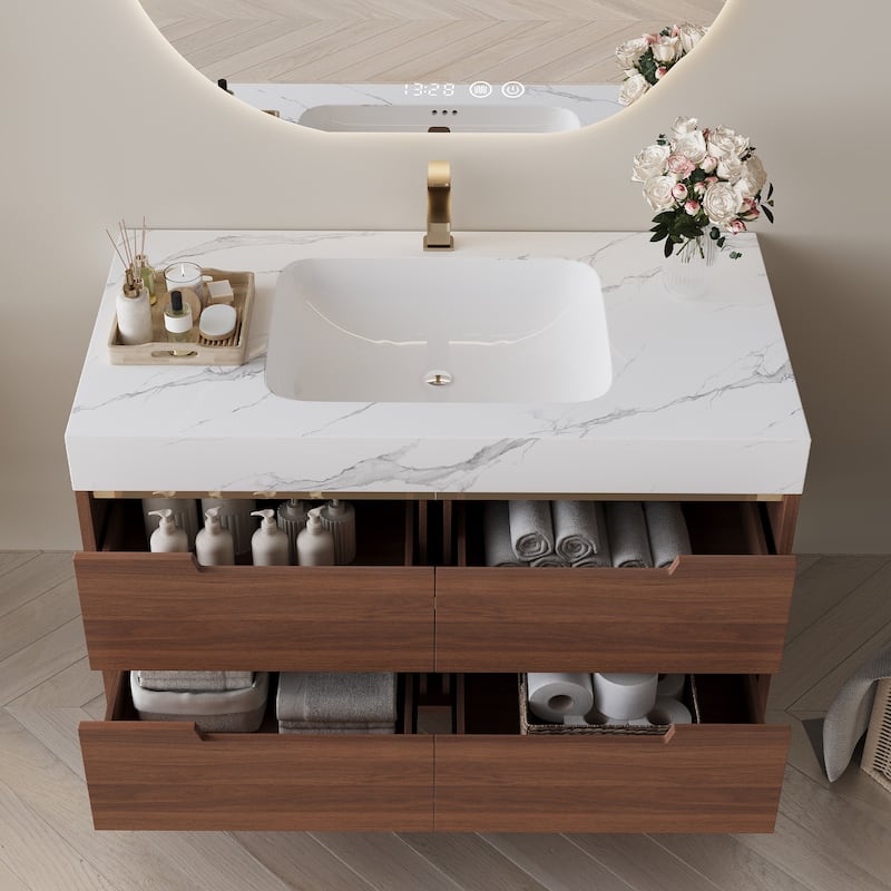 Freestanding/Wall-Mounted Bathroom Vanity with Sink, 4 Storage Drawers, Waterproof Solid Wood Frame and Detachable Iron Legs