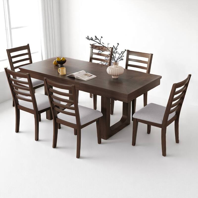 Rustic 7 Piece Dining Set with Expandable Table and 6 Upholstered Chairs, Extendable Farmhouse Table to 78"