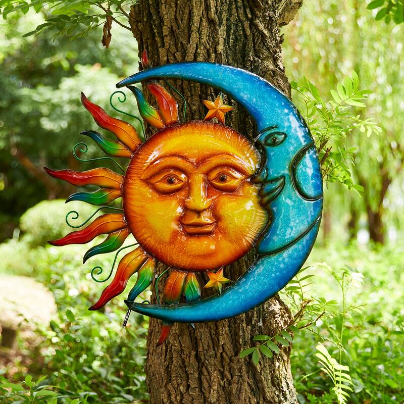 Glitzhome 36.25''H Metal Sun and Moon Wall Decor Yard Stake for Indoor and Outdoor