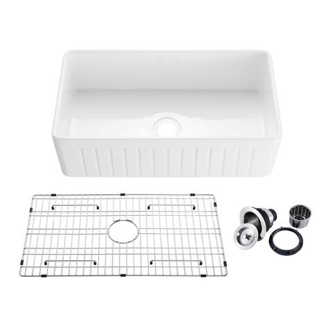 33" White Fireclay Farmhouse Undermount Kitchen Sink with Bottom Grid and Strainer