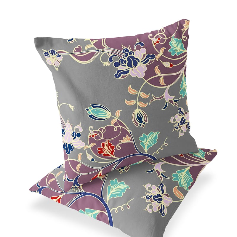HomeRoots Set of Two 16" X 16" Gray and Purple Blown Seam Floral Indoor Outdoor Throw Pillow - 16.00' X '16.00' X '5.00