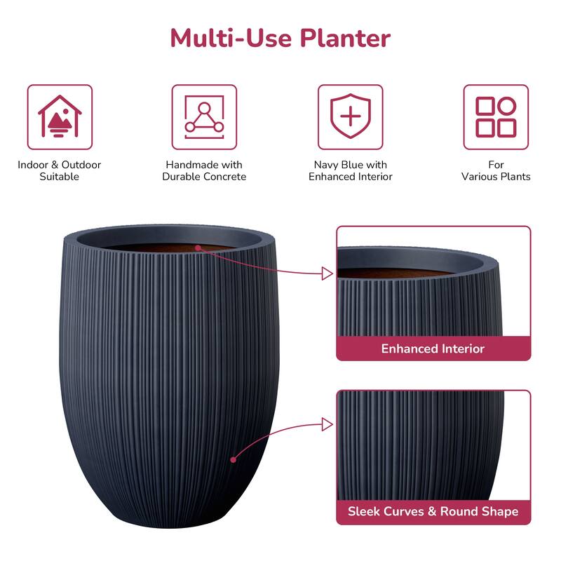 Concrete Round Fluted Planter Pot Barrel-Style with Drainage Holes