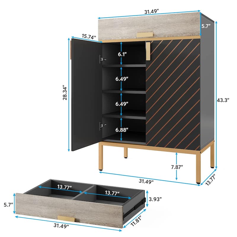 Modern Shoe Cabinet with Drawers, 4-Tier Shoe Rack Storage Organizer with Removable Shelves, Gray/Gold