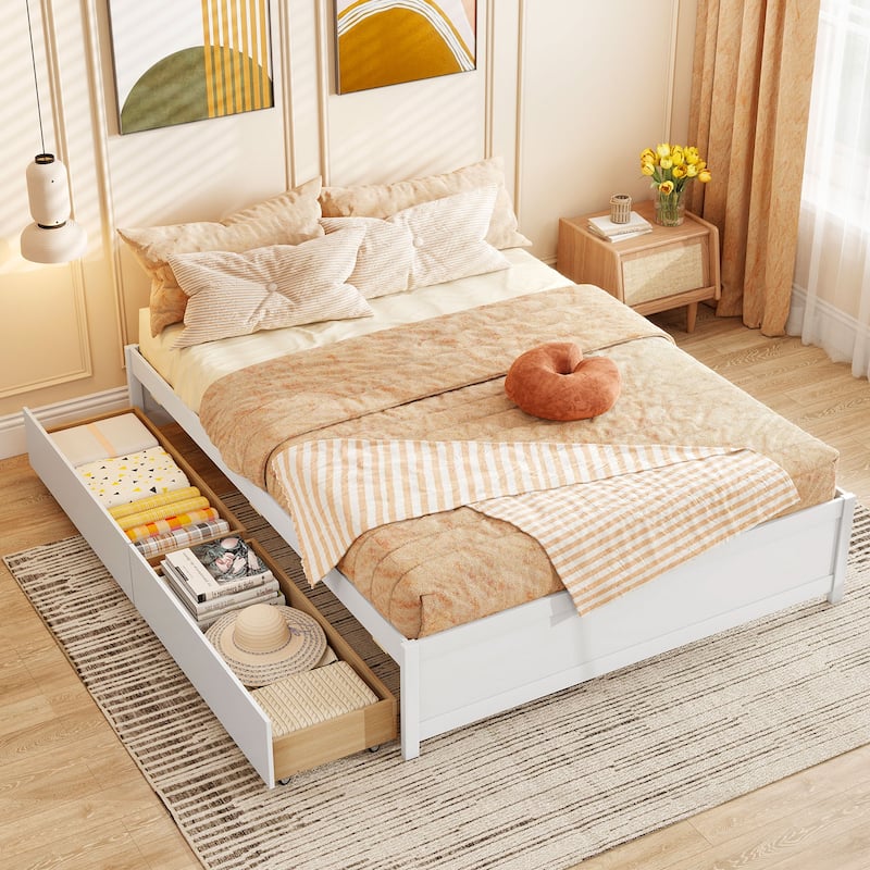 Full Size Wooden Platform Bed Frame with Storage Drawers Solid Wood Slatted Captain Bed No Box Spring Needed