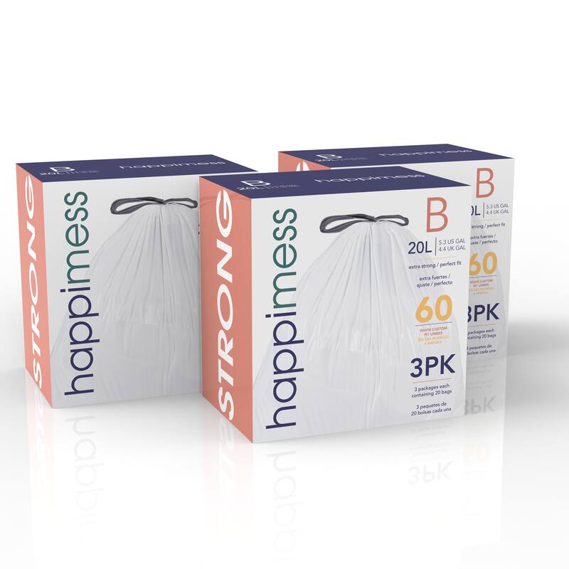 happimess 5.3-Gal (20L) Drawstring Trash Can Liner, Clear (3-Packs, 60Count)