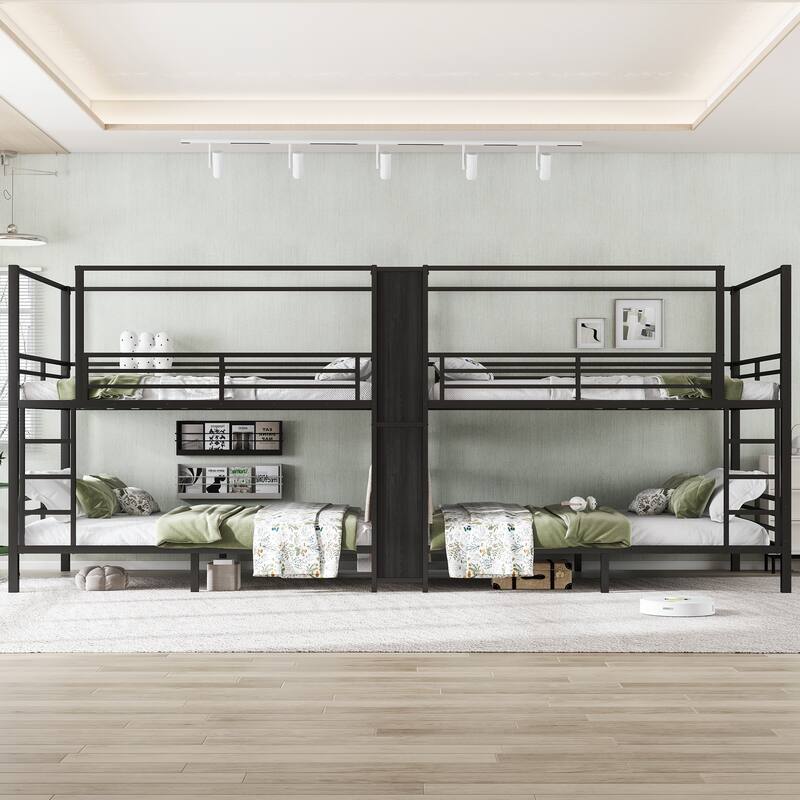 Roomfitters Twin/Full/Queen Quadruple Metal Bunk Bed with Built-in Storage Shelves & Wardrobe, Sturdy Noise-Reduced Frame, Black