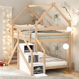 Twin over Twin House Loft or Bunk Bed with Slide and Staircase, Natural