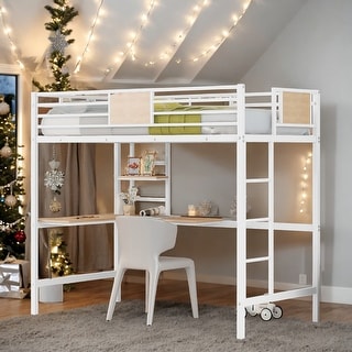 Twin Metal Loft Bed with Shelves, 2 built-in ladders and Desk, White