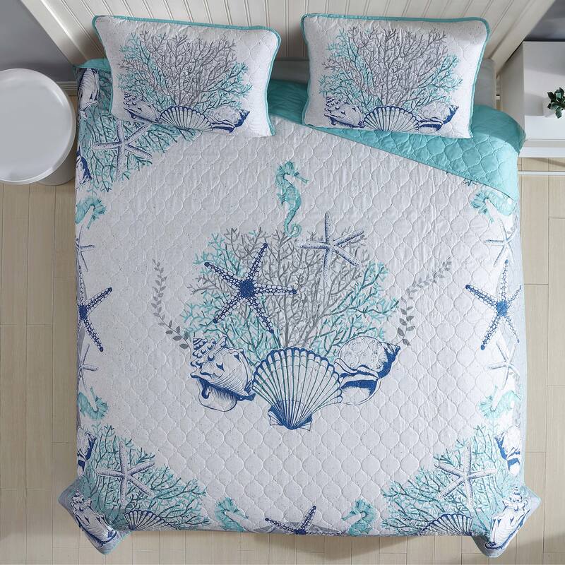 Caribbean Joe Coastal 3PC Quilt Set - Beach Delight Aqua - King