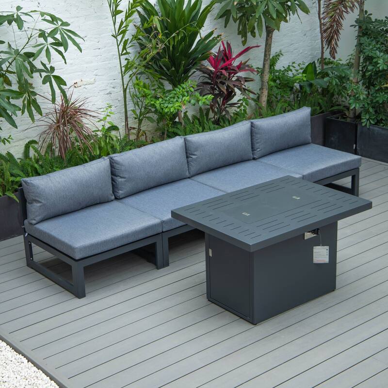 LeisureMod Chelsea 5-Piece Outdoor Patio Chairs and Fire Pit Table Set