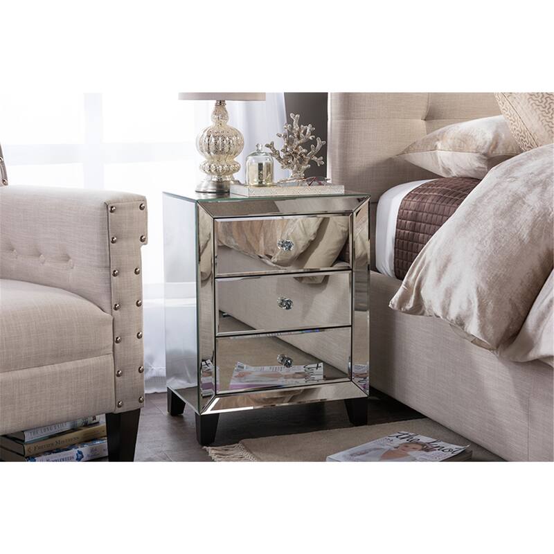 Mirrored Nightstand with Drawers, 3 Drawer Bedside Table, Silver Chevron Accent, Modern Bedroom Furniture