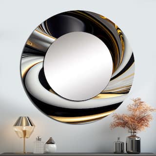 Designart "Gold Black And White Stained Glass I" Abstract Wall Mounted Round Large Mirror - Modern Mirror Wall Décor