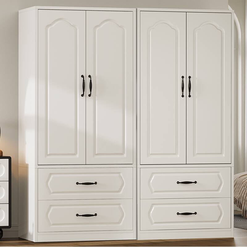 69" Wooden Armoire Wardrobe Closet with Drawers, Modern Bedroom Storage Cabinet with Hanging Rod