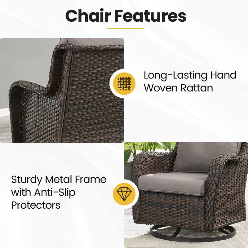 3 Pieces Wicker Swivel Glider Chairs with Side Table- Grey cushion - Brown