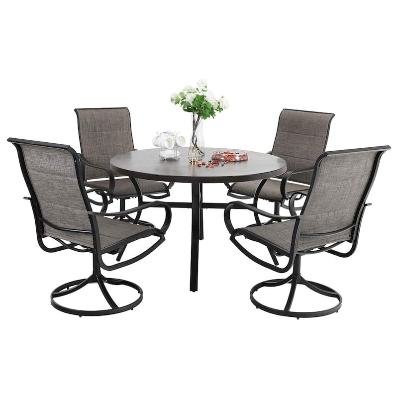 5 Pieces Outdoor Dining Set, 4 Quick Dry Foam Padded Swivel Chairs and 44" Round Metal Wood Grain Table