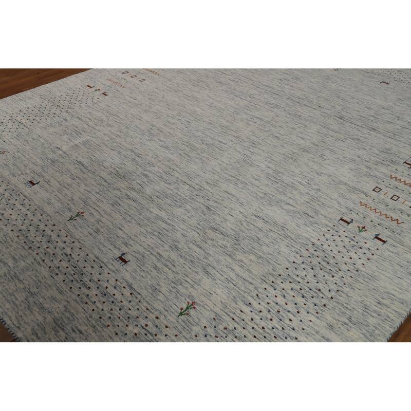 Ivory & Blue Tribal Gabbeh Indian Area Rug Handmade Wool Carpet - 8'0"x 9'10"