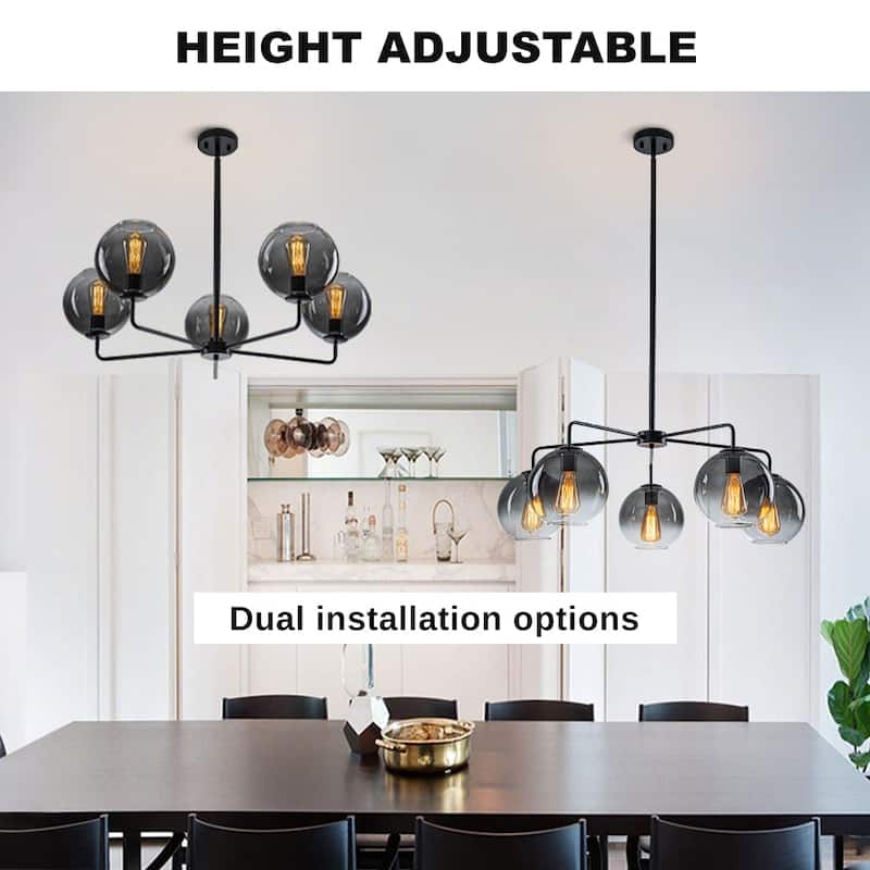 Modern 5-Light Linear Smoky Bubble Glass Chandelier - 33.5in
