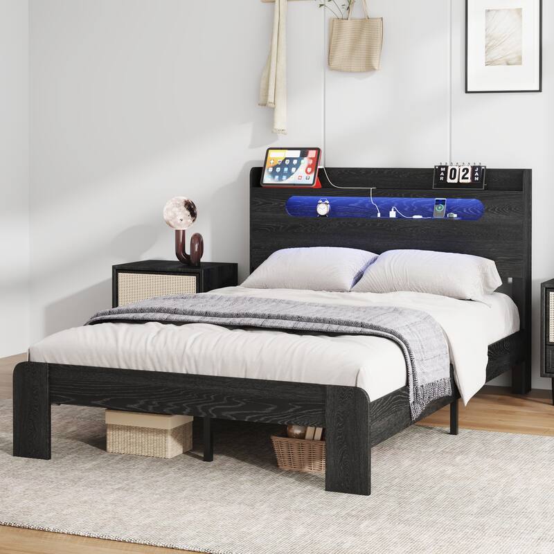 Queen Size Wood Platform Bed Frame with LED Light Headboard and 2 USB
