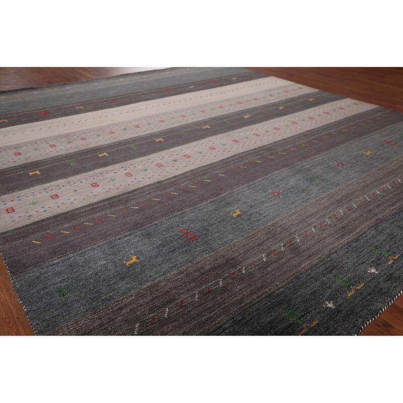 Tribal Striped Gabbeh Oriental Square Area Rug Handmade Wool Carpet - 8'6"x 9'4"