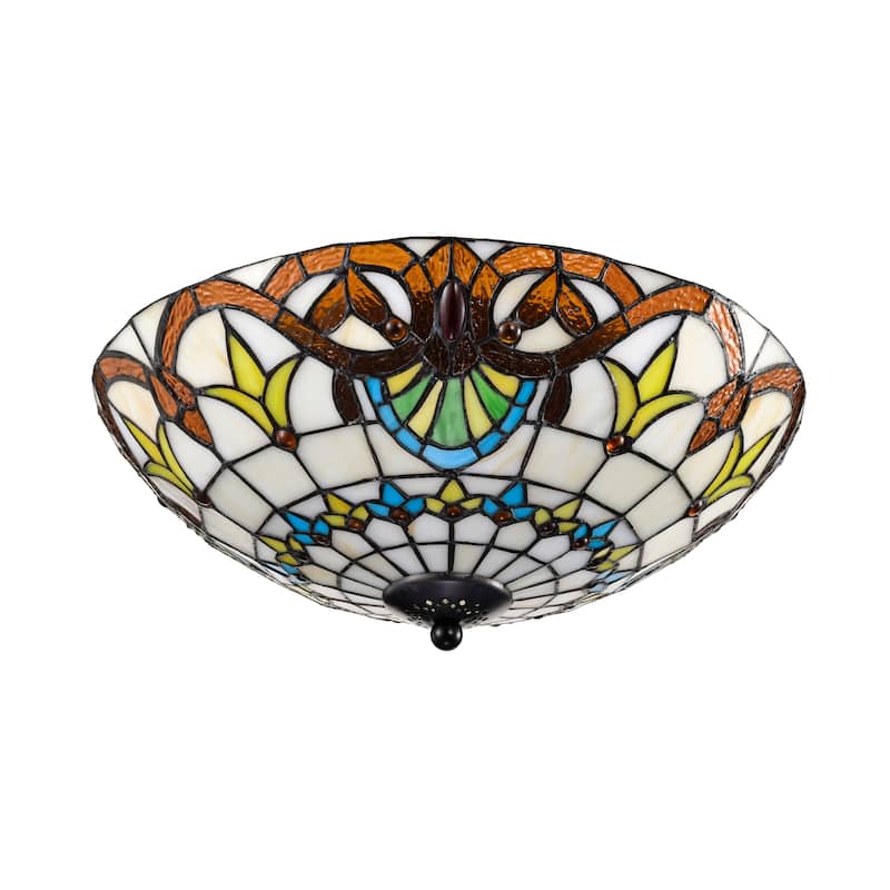 Elspeth Ivory Amber Flushmount Ceiling Lamp Tiffany Style Glass Shade - Ivory-Amber