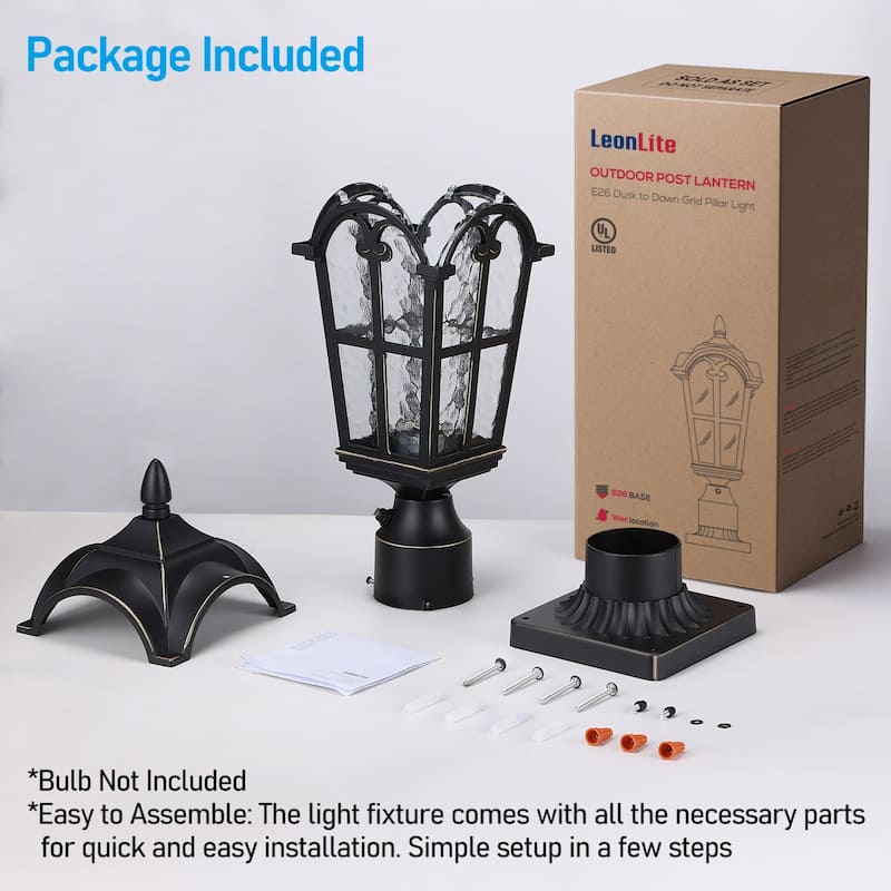 Dusk to Dawn Outdoor Post Lantern, Water Ripple Glass Post Light - 2PACK